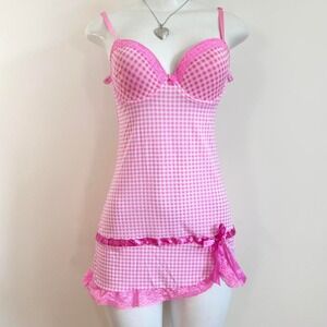 y2k pink gingham lace babydoll slip dress coquette size M